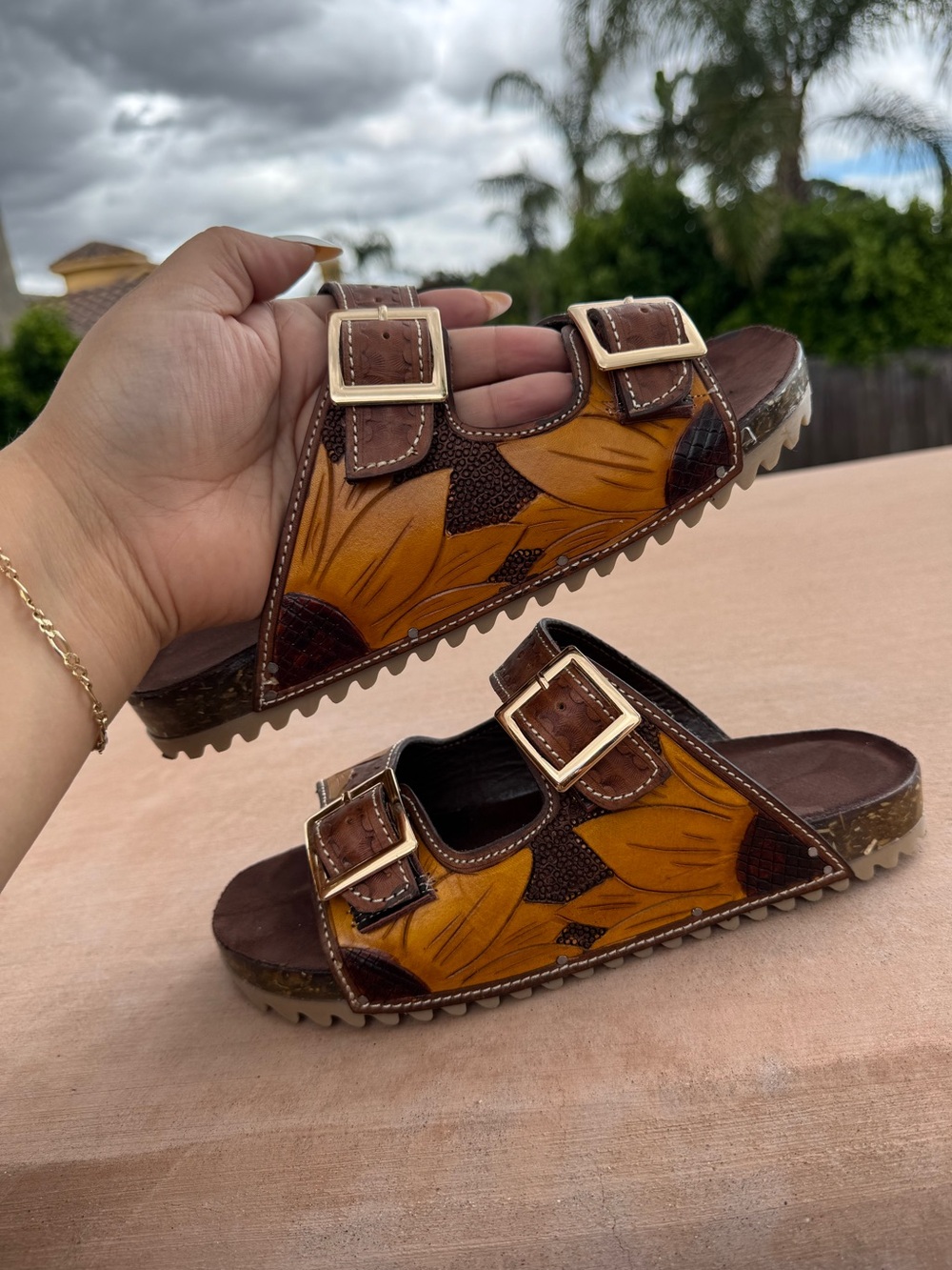 Sunflower Tooled Leather Slide Sandals